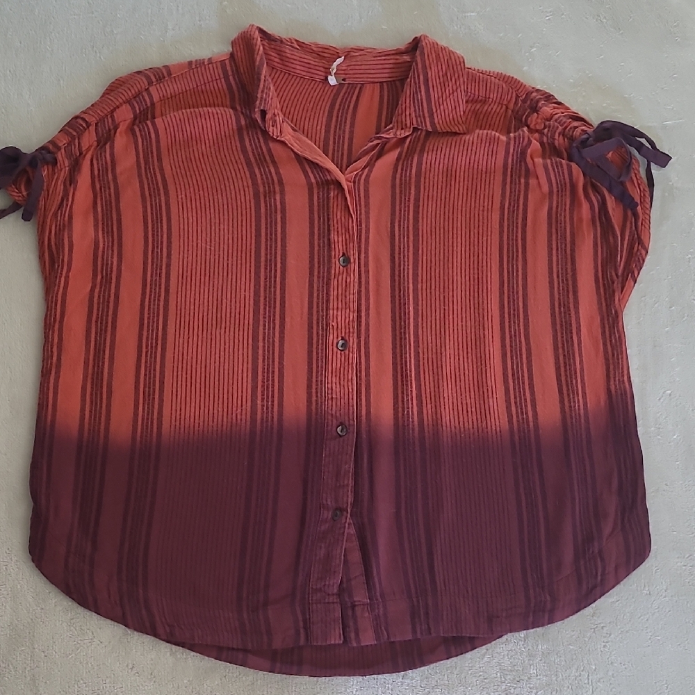 Free People Boho Stripe Tie Sleeve Button Blouse Top M Festival Peasant Western